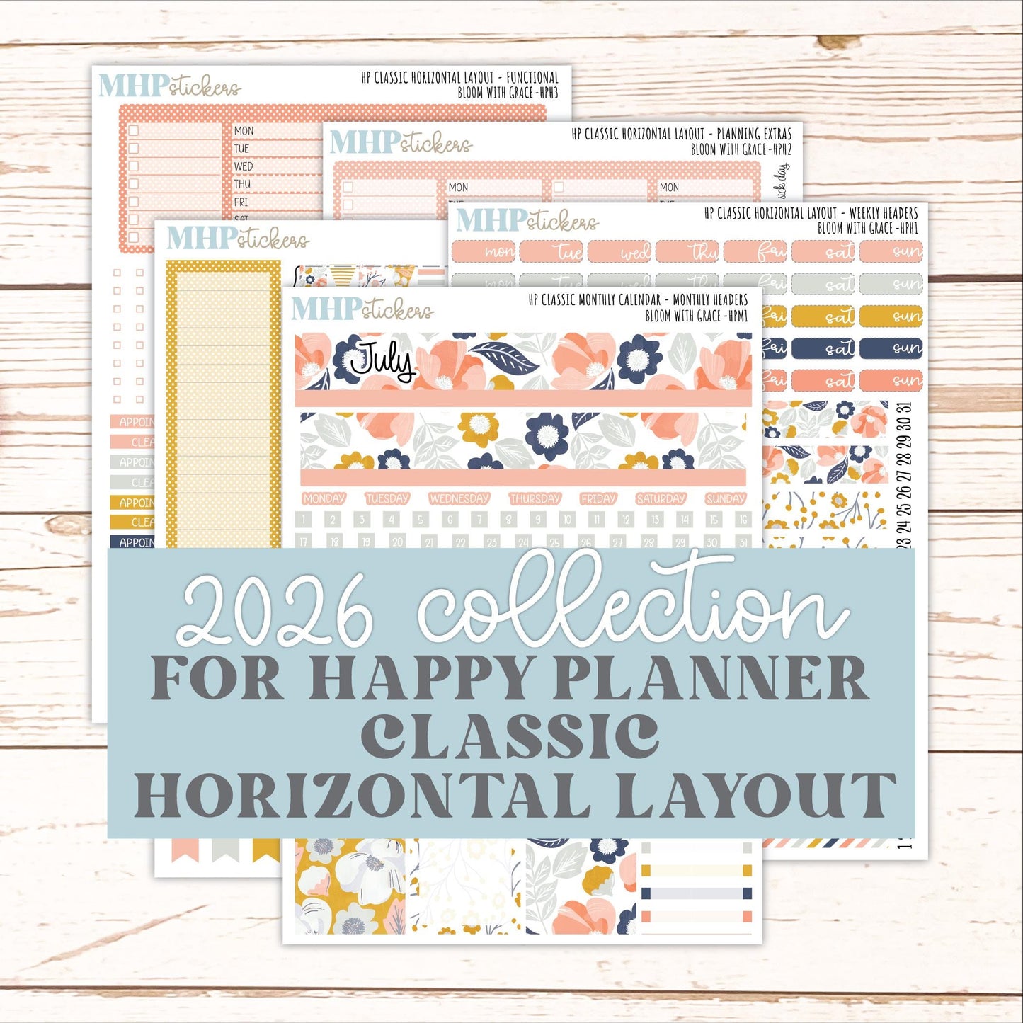 JULY Stickers for Happy Planner Classic Horizontal Layout. 2026 Collection. "Bloom with Grace" || HPH