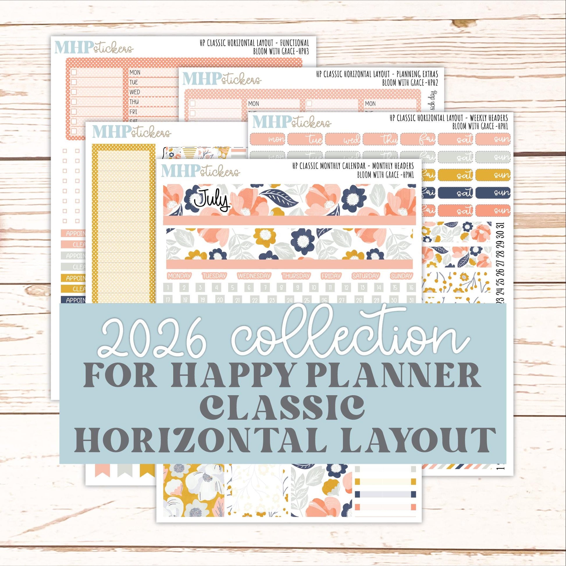 JULY Stickers for Happy Planner Classic Horizontal Layout. 2026 Collection. "Bloom with Grace" || HPH
