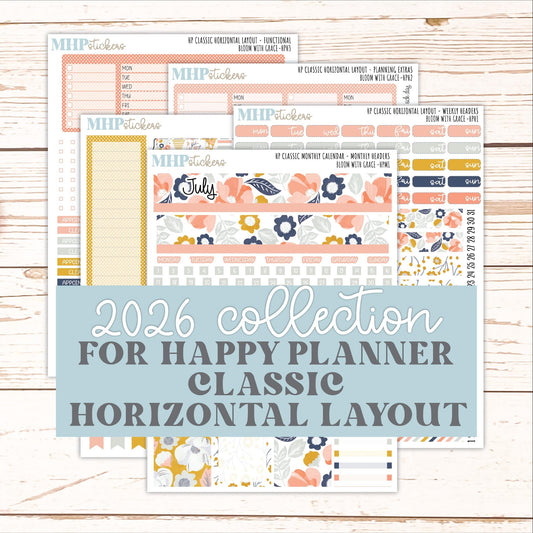 JULY Stickers for Happy Planner Classic Horizontal Layout. 2026 Collection. "Bloom with Grace" || HPH