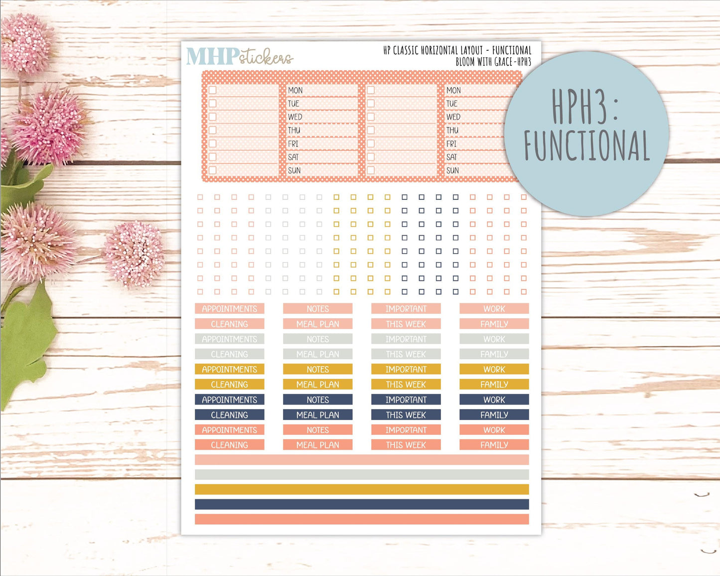 JULY Stickers for Happy Planner Classic Horizontal Layout. 2026 Collection. "Bloom with Grace" || HPH