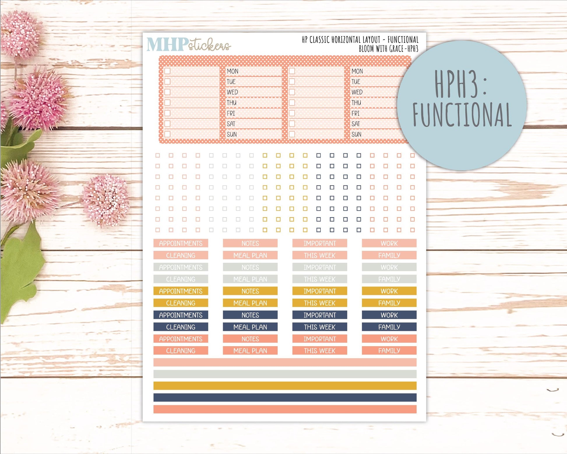 JULY Stickers for Happy Planner Classic Horizontal Layout. 2026 Collection. "Bloom with Grace" || HPH