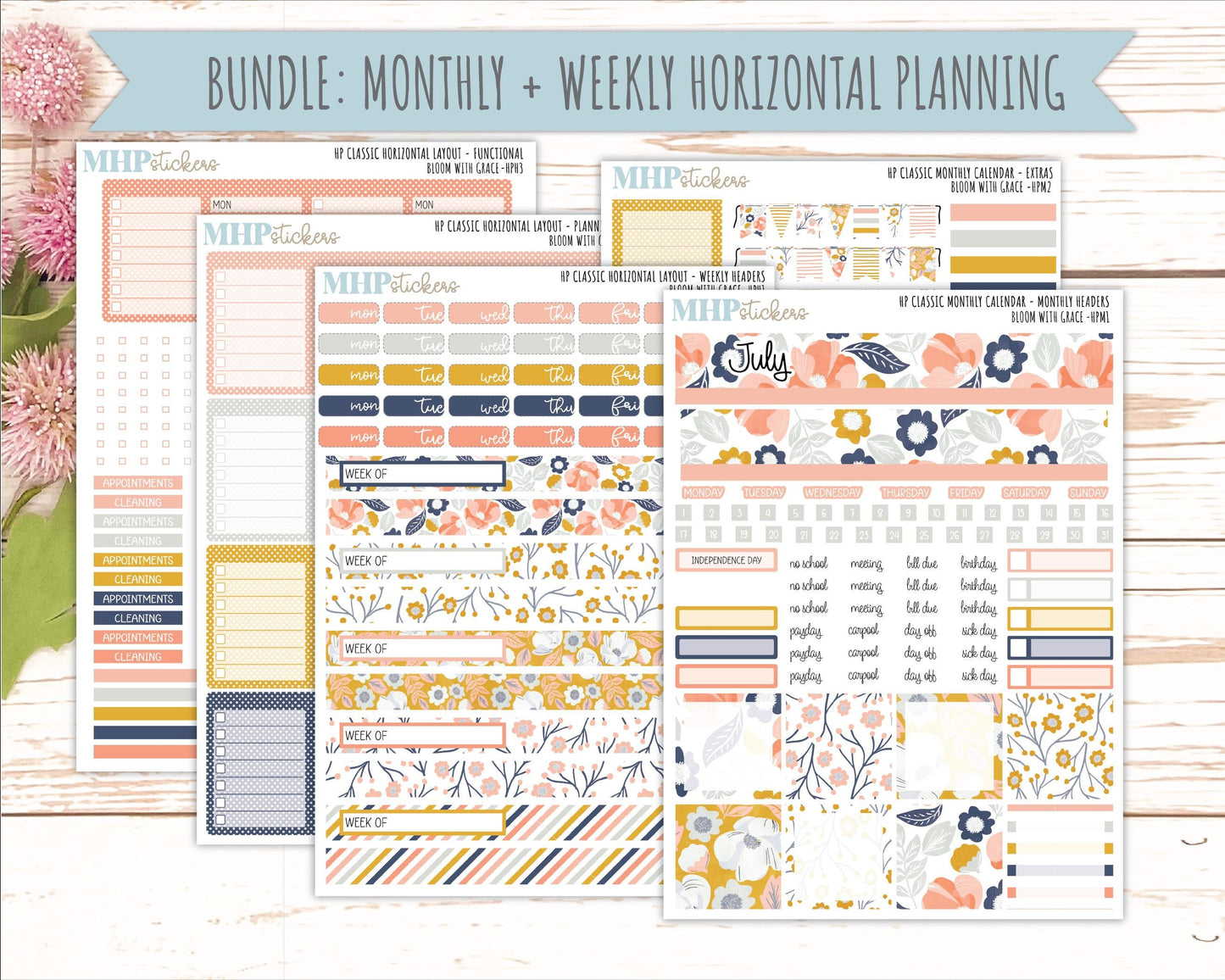 JULY Stickers for Happy Planner Classic Horizontal Layout. 2026 Collection. "Bloom with Grace" || HPH