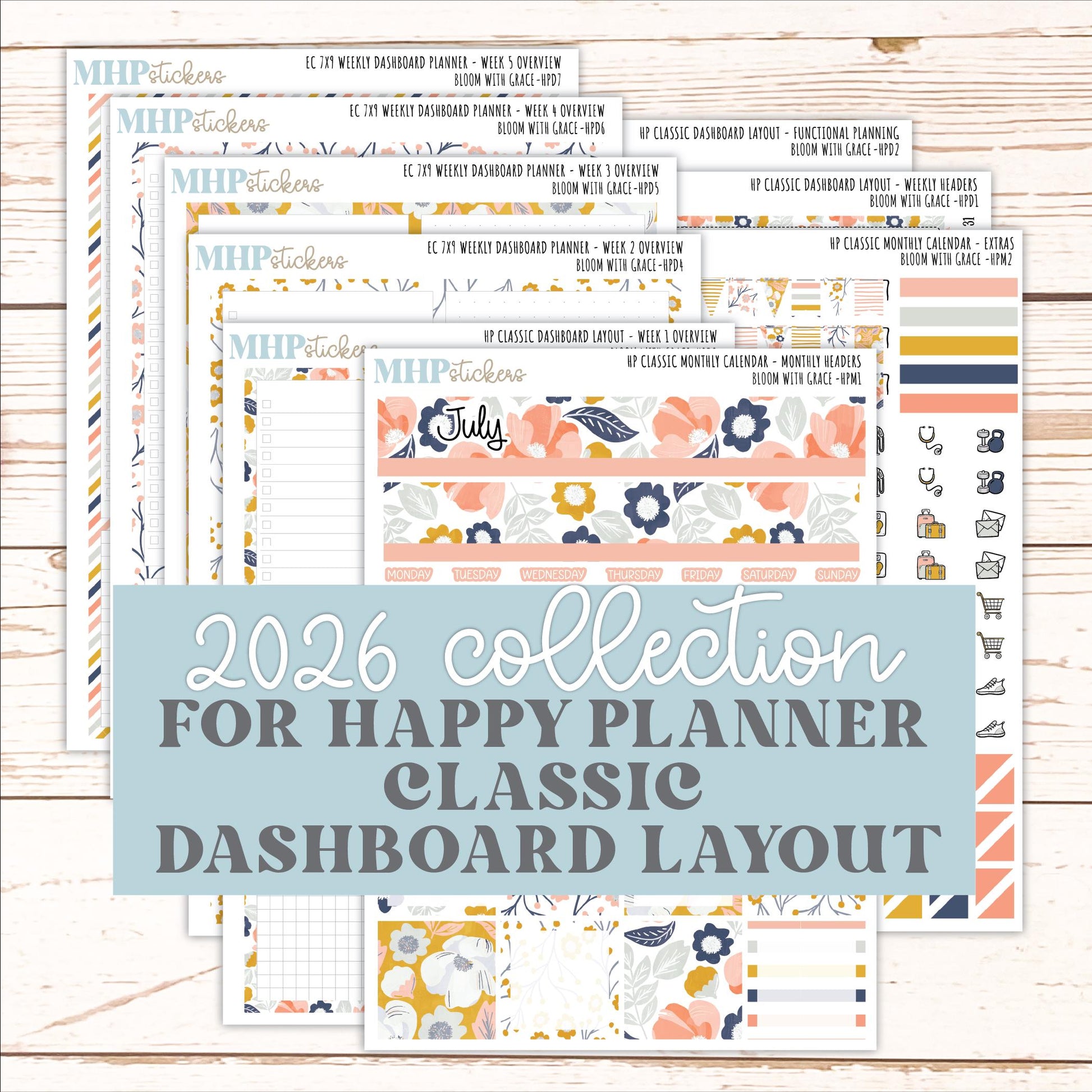 JULY Stickers for Happy Planner Classic Dashboard Layout. 2026 Collection. "Bloom with Grace" || HPD