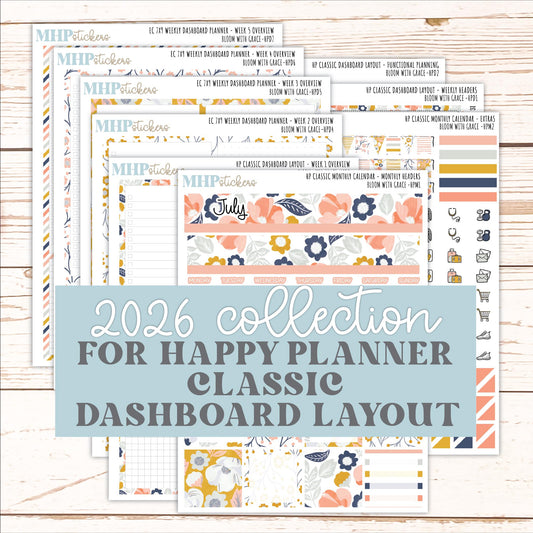 JULY Stickers for Happy Planner Classic Dashboard Layout. 2026 Collection. "Bloom with Grace" || HPD