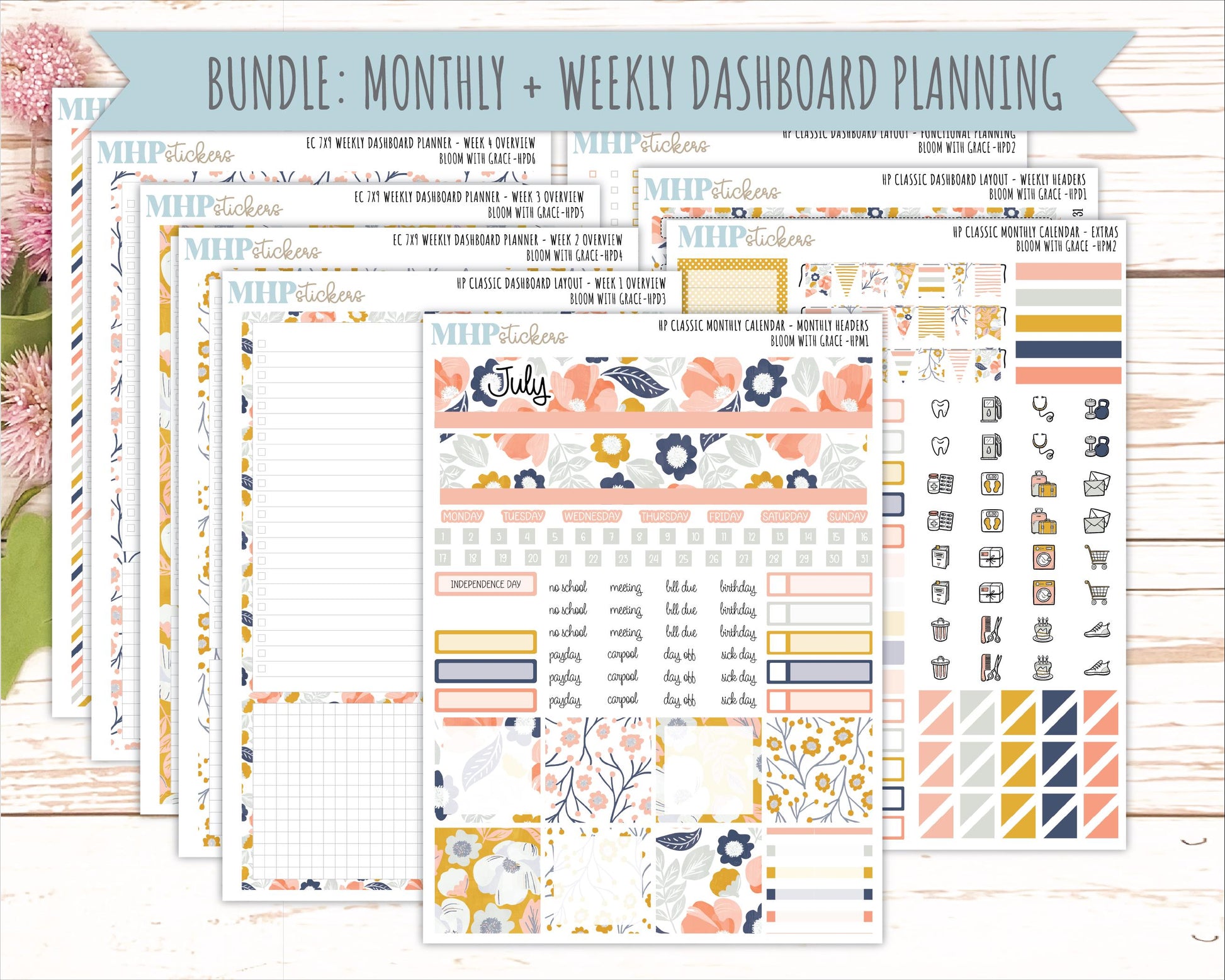 JULY Stickers for Happy Planner Classic Dashboard Layout. 2026 Collection. "Bloom with Grace" || HPD