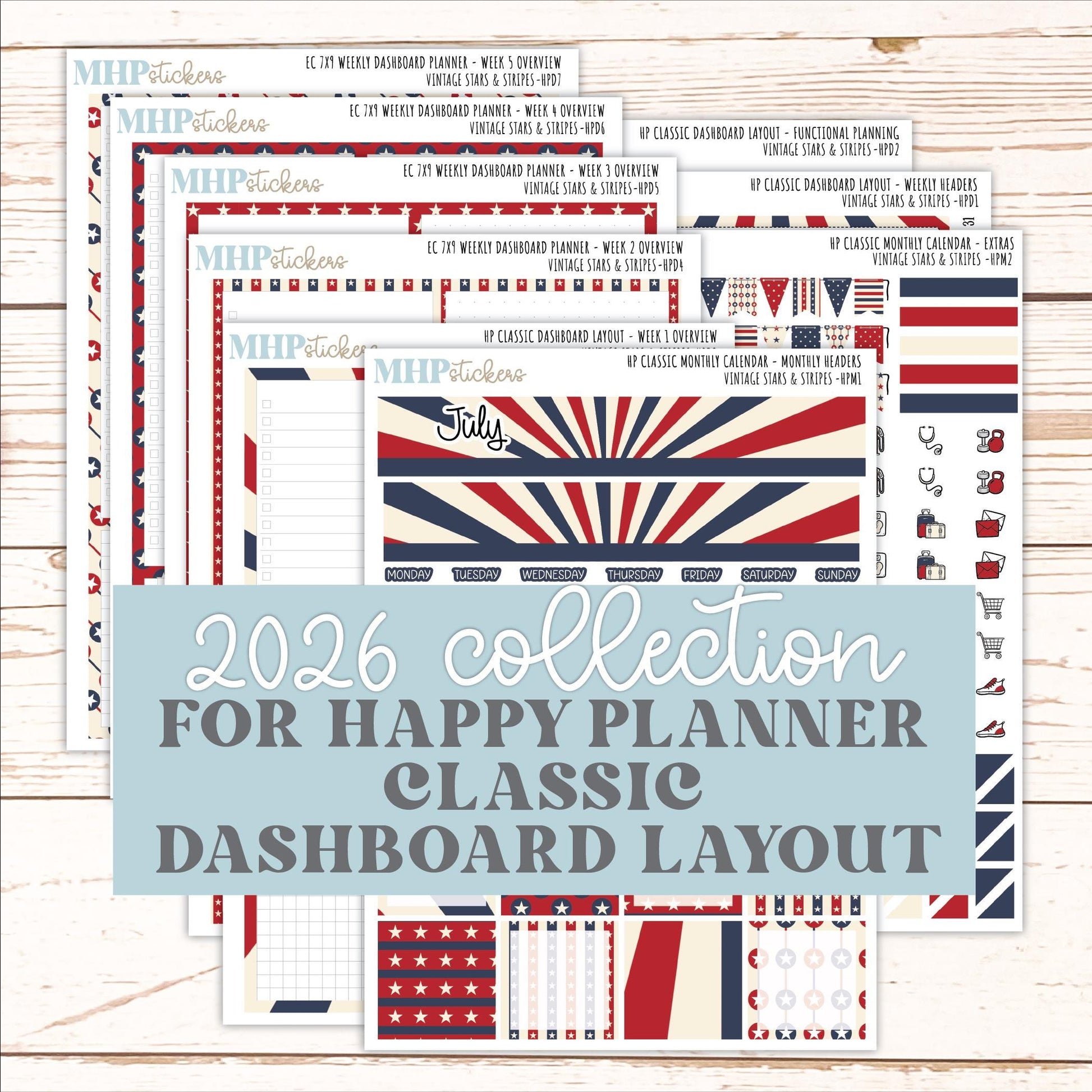 JULY Stickers for Happy Planner Classic Dashboard Layout. 2026 Collection. "Vintage Stars & Stripes" || HPD
