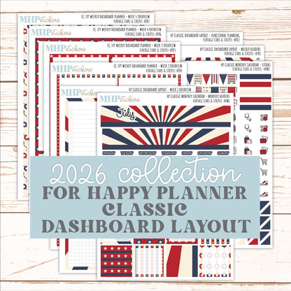 JULY Stickers for Happy Planner Classic Dashboard Layout. 2026 Collection. "Vintage Stars & Stripes" || HPD