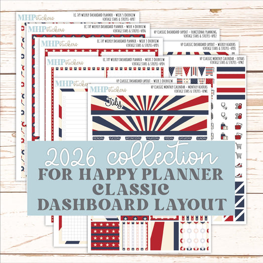 JULY Stickers for Happy Planner Classic Dashboard Layout. 2026 Collection. "Vintage Stars & Stripes" || HPD
