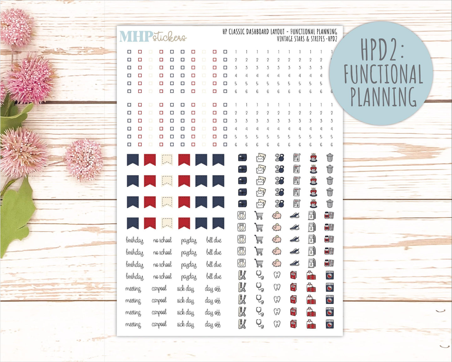 JULY Stickers for Happy Planner Classic Dashboard Layout. 2026 Collection. "Vintage Stars & Stripes" || HPD