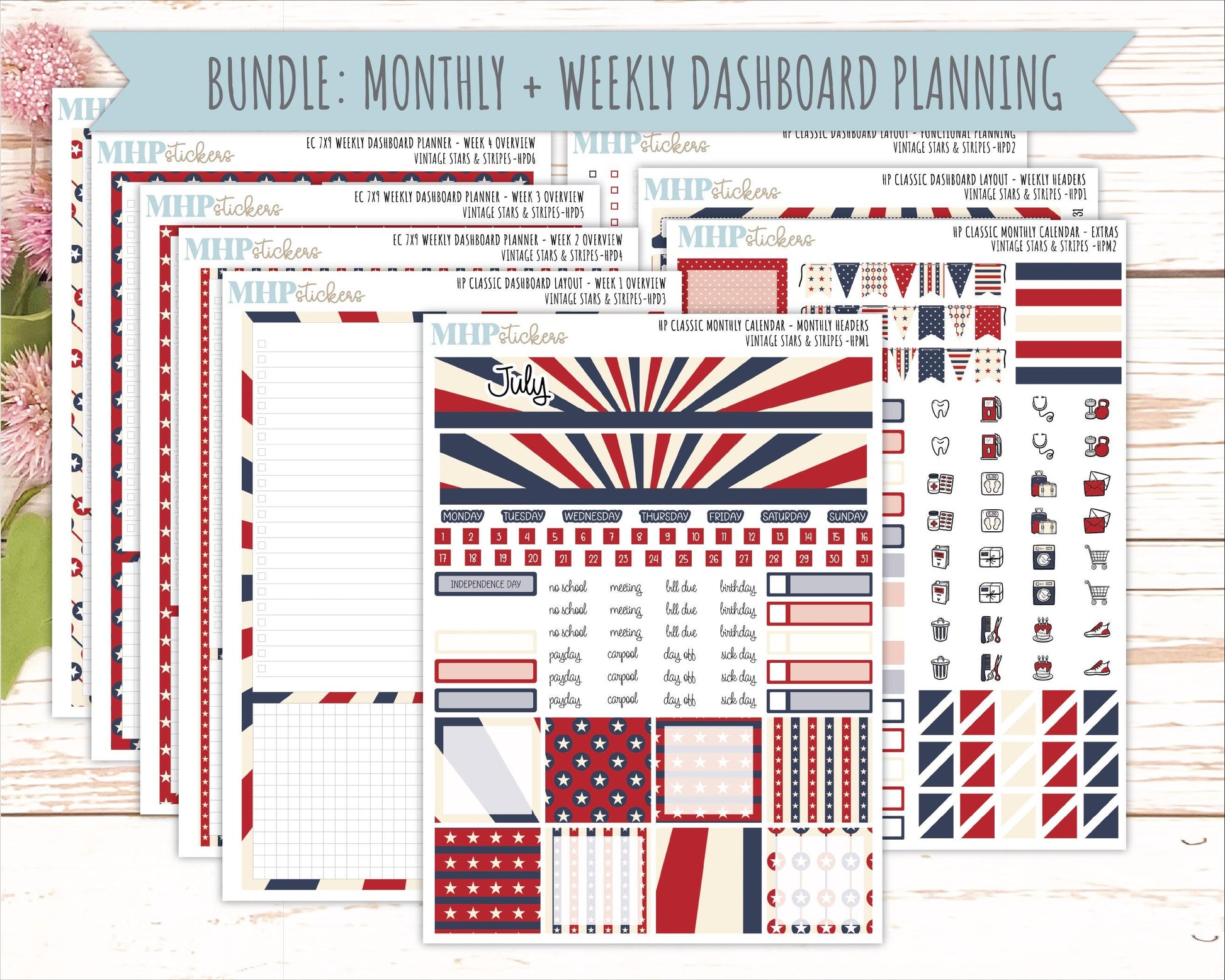JULY Stickers for Happy Planner Classic Dashboard Layout. 2026 Collection. "Vintage Stars & Stripes" || HPD