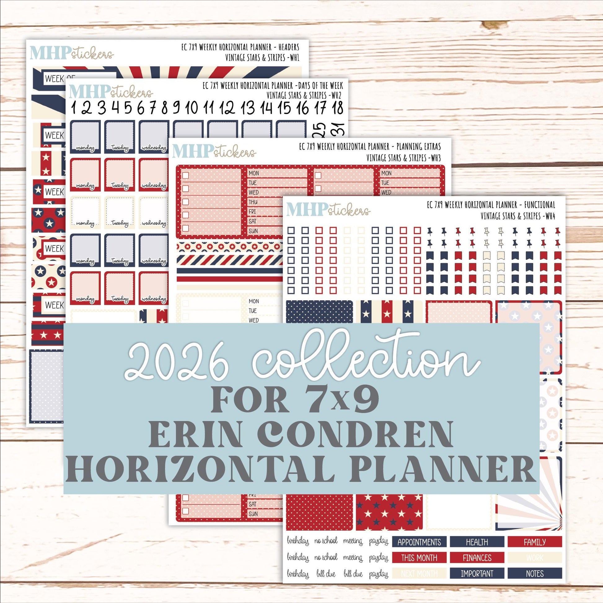 JULY Weekly Horizontal Planning Kit for 7x9 Erin Condren Planners. 2026 Collection "Vintage Stars & Stripes " || ECWH