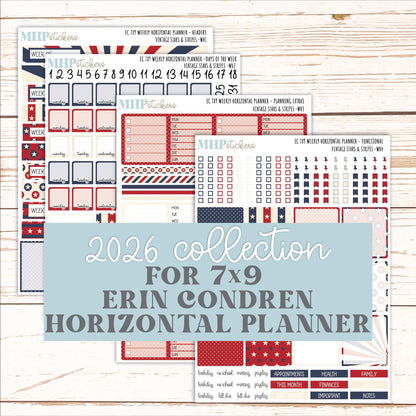 JULY Weekly Horizontal Planning Kit for 7x9 Erin Condren Planners. 2026 Collection "Vintage Stars & Stripes " || ECWH