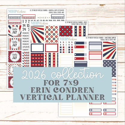 JULY Weekly Vertical Kits for 7x9 Erin Condren Planners. 2026 Collection "Vintage Stars & Stripes" || ECWV