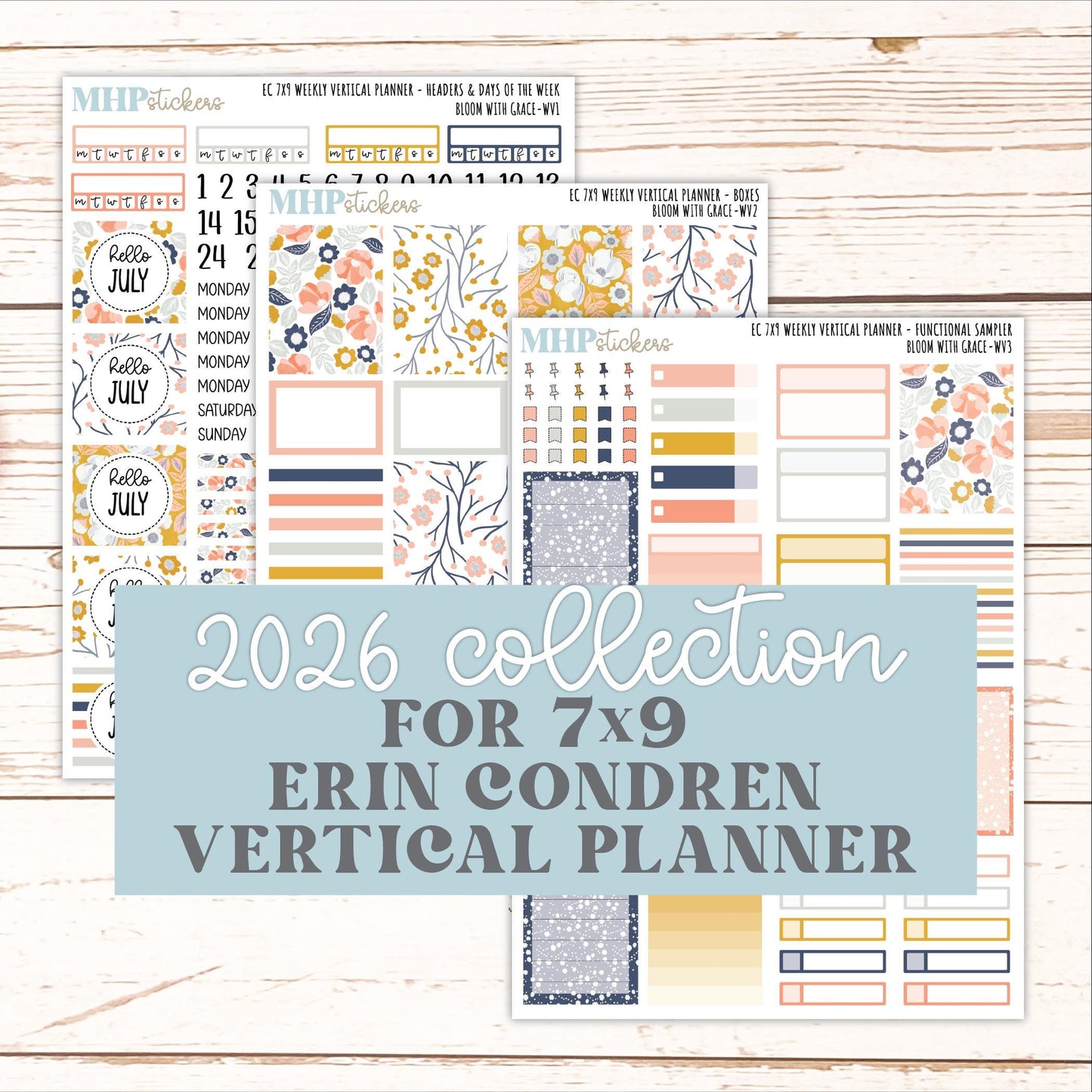 JULY Weekly Vertical Kits for 7x9 Erin Condren Planners. 2026 Collection "Bloom with Grace" || ECWV