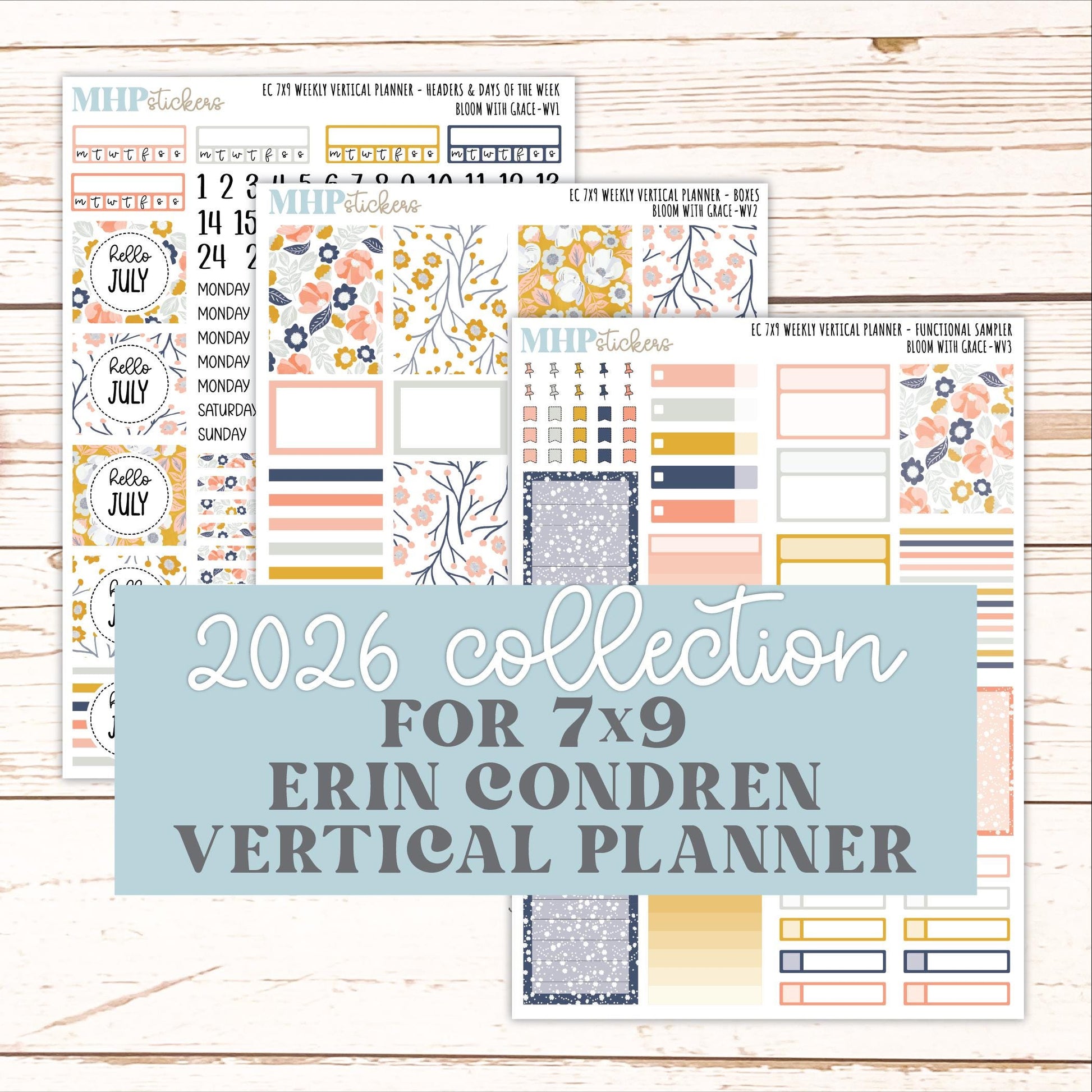 JULY Weekly Vertical Kits for 7x9 Erin Condren Planners. 2026 Collection "Bloom with Grace" || ECWV