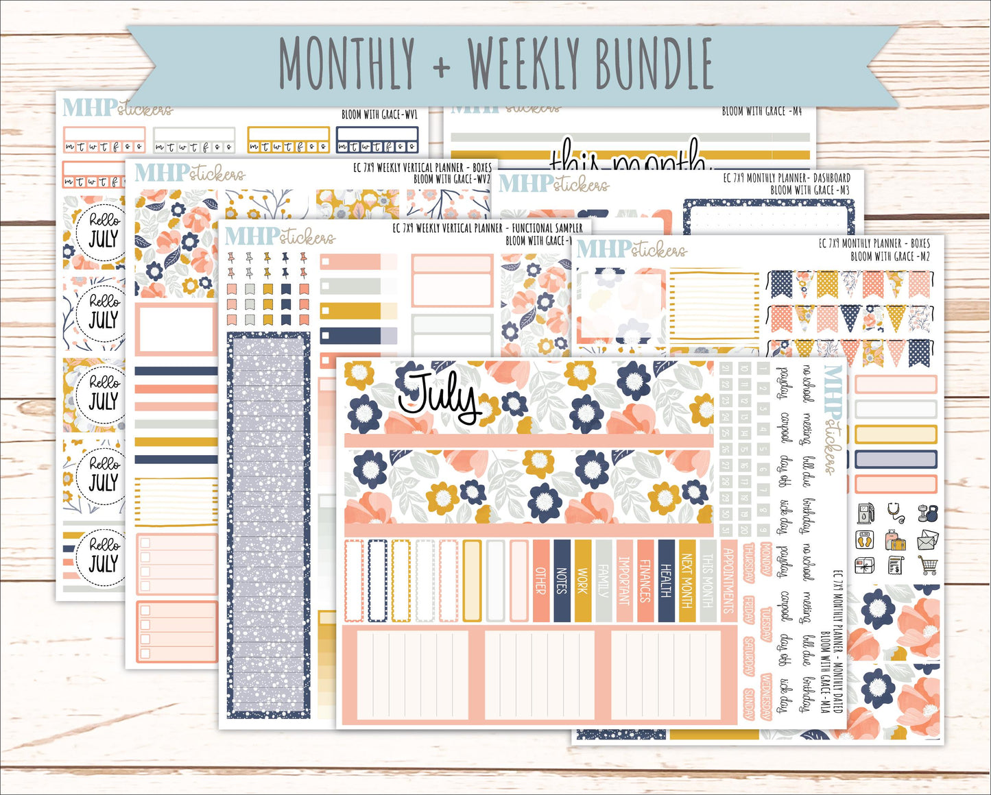 JULY Weekly Vertical Kits for 7x9 Erin Condren Planners. 2026 Collection "Bloom with Grace" || ECWV