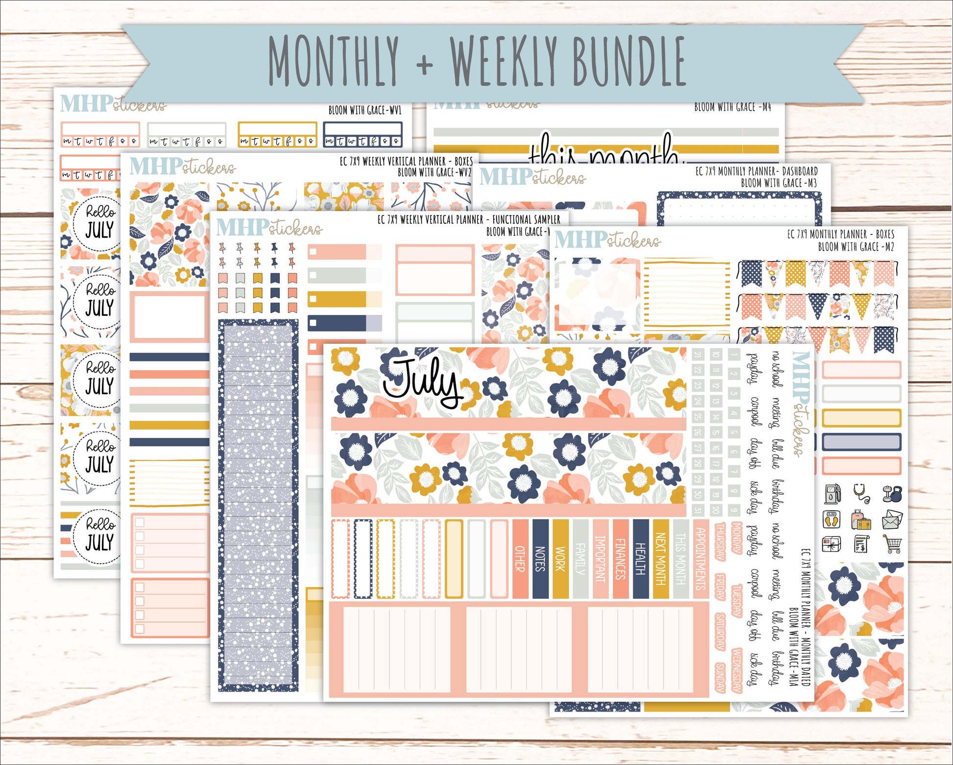 JULY Weekly Vertical Kits for 7x9 Erin Condren Planners. 2026 Collection "Bloom with Grace" || ECWV
