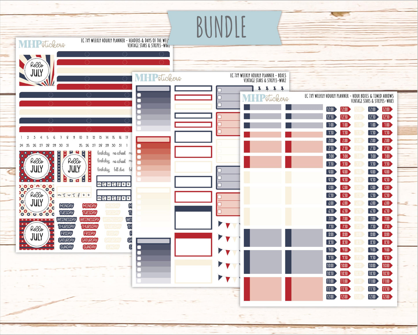 JULY Weekly Hourly Planning Kits for 7x9 Erin Condren Planners. 2026 Collection "Vintage Stars & stripes" || ECWHR