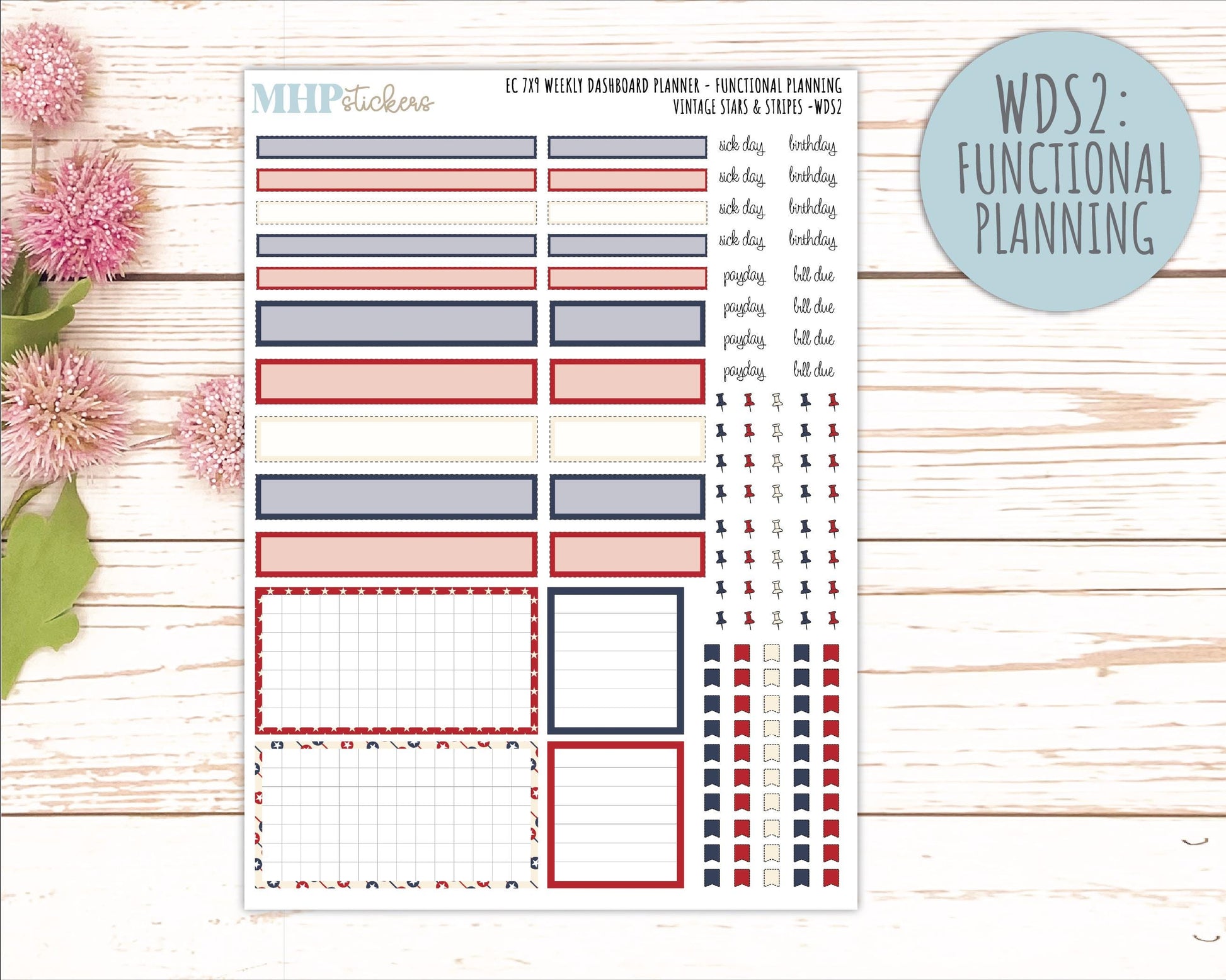 JULY Daily Duo Sticker Kit for 7x9 Erin Condren Planners. 2026 Collection "Vintage Stars & Stripes || ECDD