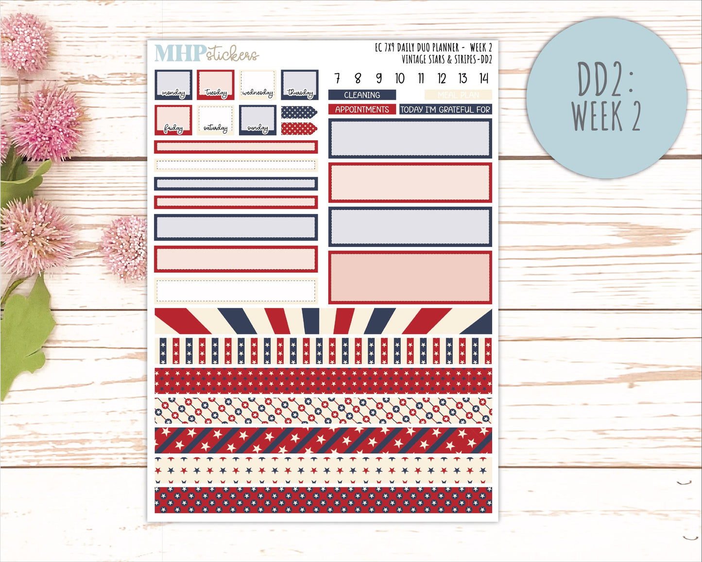 JULY Daily Duo Sticker Kit for 7x9 Erin Condren Planners. 2026 Collection "Vintage Stars & Stripes || ECDD