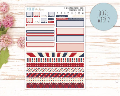 JULY Daily Duo Sticker Kit for 7x9 Erin Condren Planners. 2026 Collection "Vintage Stars & Stripes || ECDD