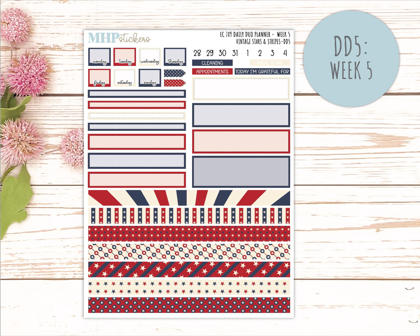 JULY Daily Duo Sticker Kit for 7x9 Erin Condren Planners. 2026 Collection "Vintage Stars & Stripes || ECDD