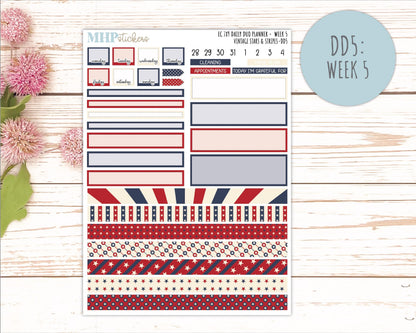 JULY Daily Duo Sticker Kit for 7x9 Erin Condren Planners. 2026 Collection "Vintage Stars & Stripes || ECDD