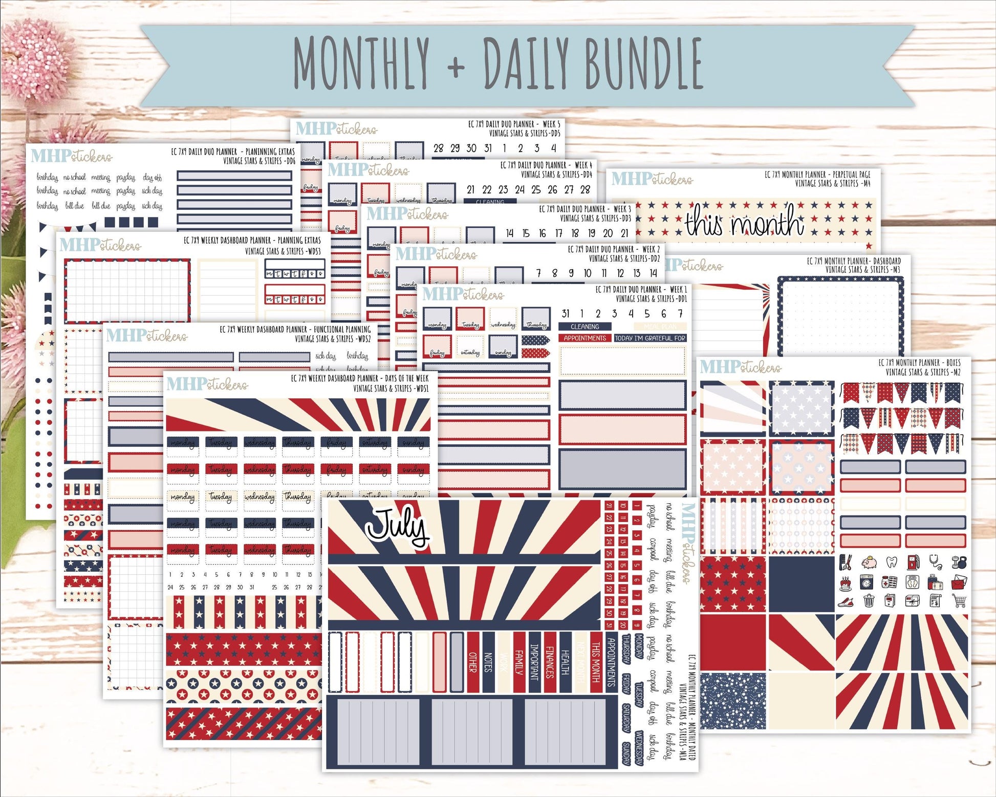 JULY Daily Duo Sticker Kit for 7x9 Erin Condren Planners. 2026 Collection "Vintage Stars & Stripes || ECDD