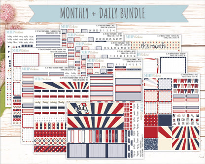JULY Daily Duo Sticker Kit for 7x9 Erin Condren Planners. 2026 Collection "Vintage Stars & Stripes || ECDD