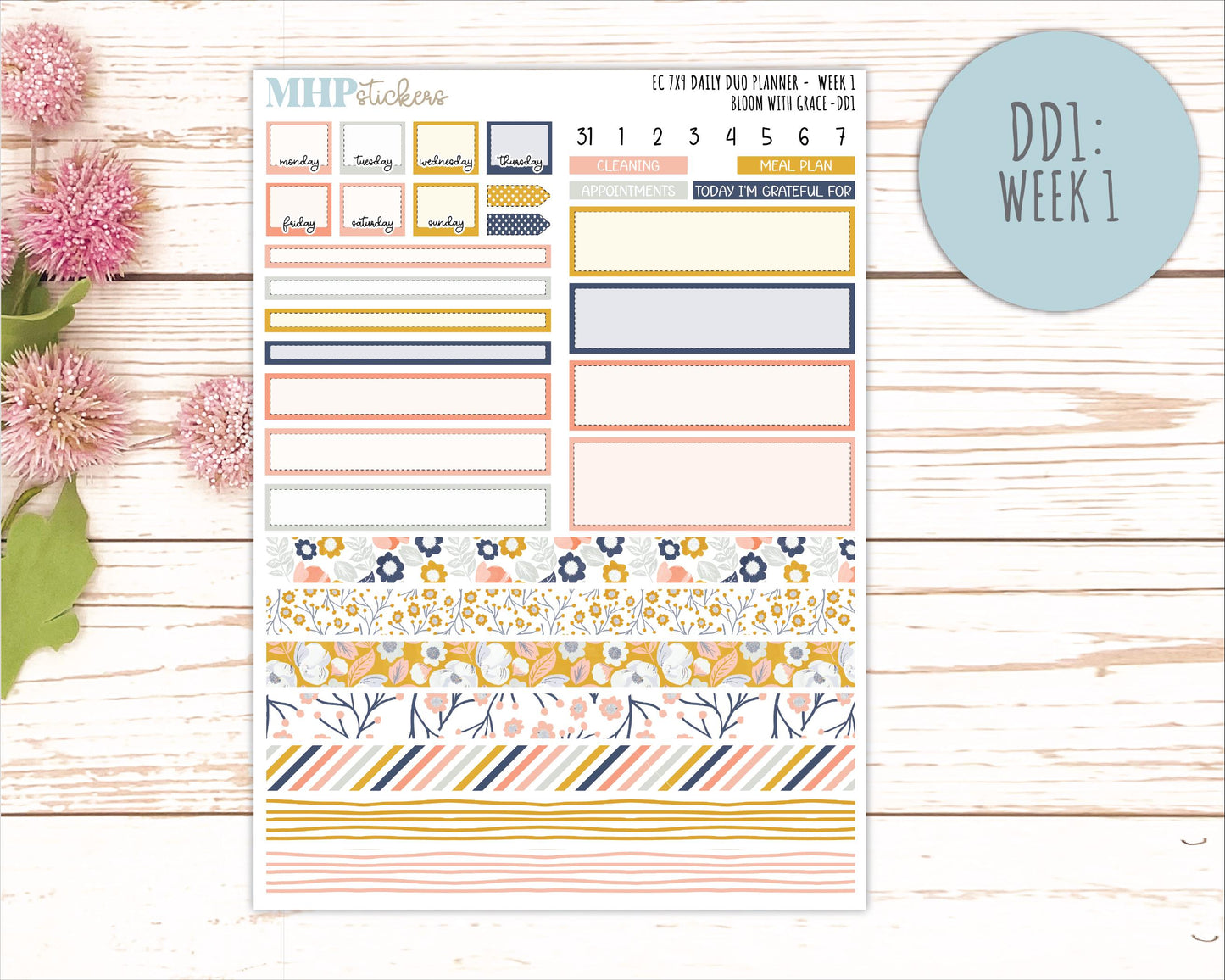 JULY Daily Duo Sticker Kit for 7x9 Erin Condren Planners. 2026 Collection "Bloom with Grace" || ECDD