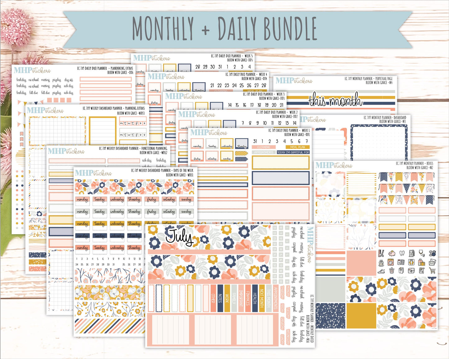 JULY Daily Duo Sticker Kit for 7x9 Erin Condren Planners. 2026 Collection "Bloom with Grace" || ECDD