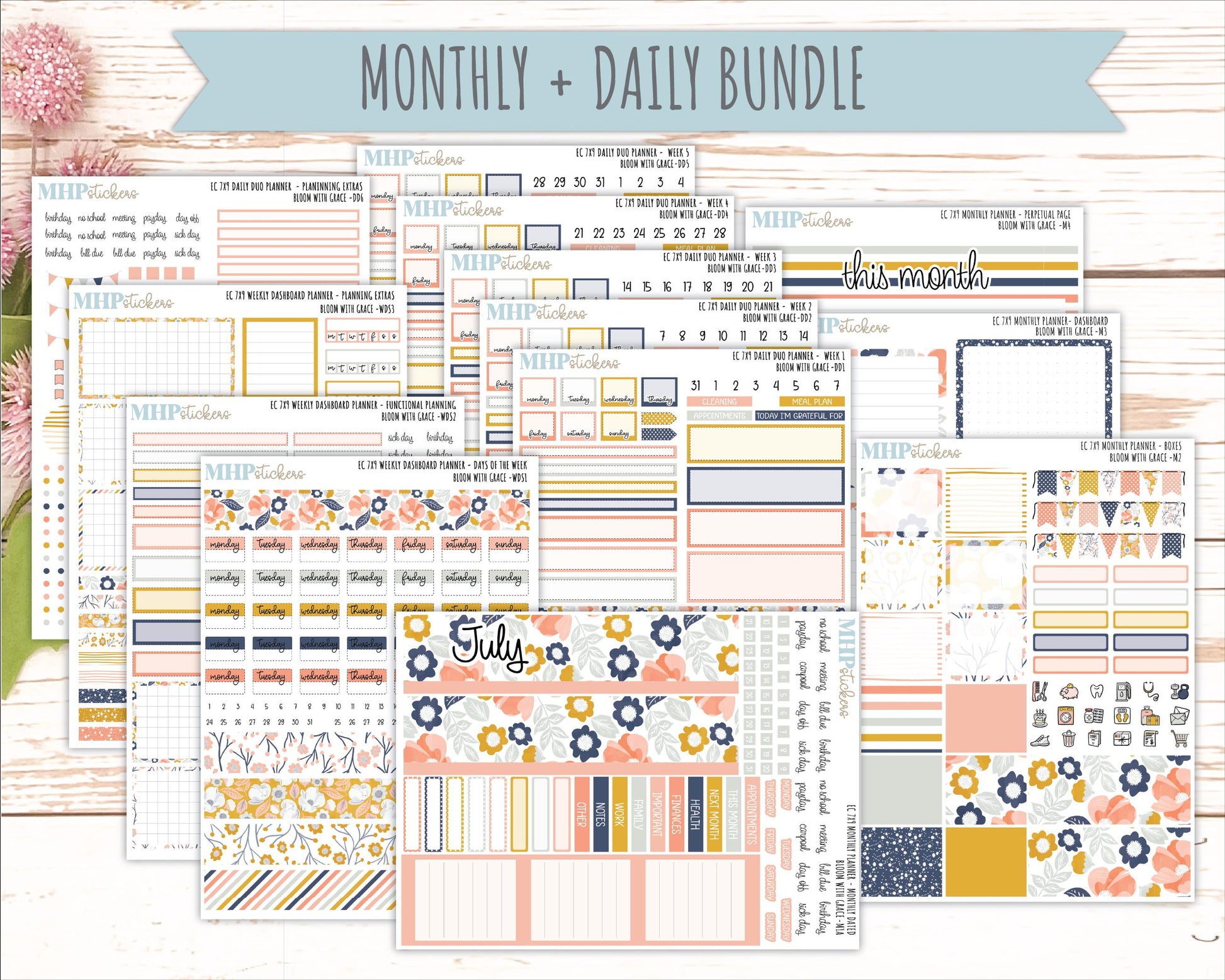 JULY Daily Duo Sticker Kit for 7x9 Erin Condren Planners. 2026 Collection "Bloom with Grace" || ECDD