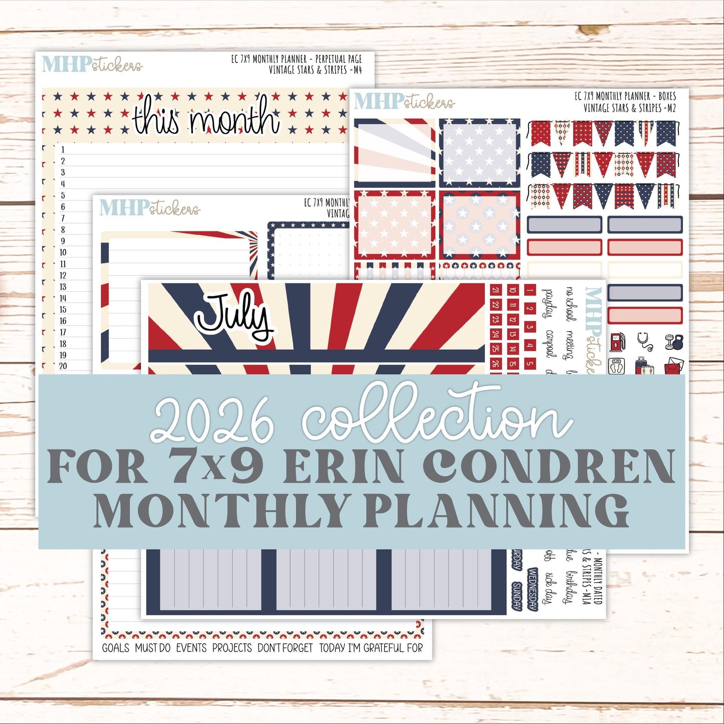 JULY Monthly Kit for 7x9 Erin Condren Planners. 2026 Collection "Vintage Stars & Stripes" || ECM