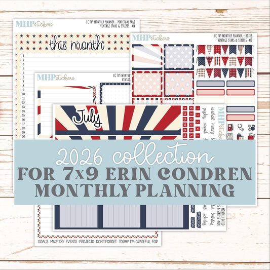 JULY Monthly Kit for 7x9 Erin Condren Planners. 2026 Collection "Vintage Stars & Stripes" || ECM