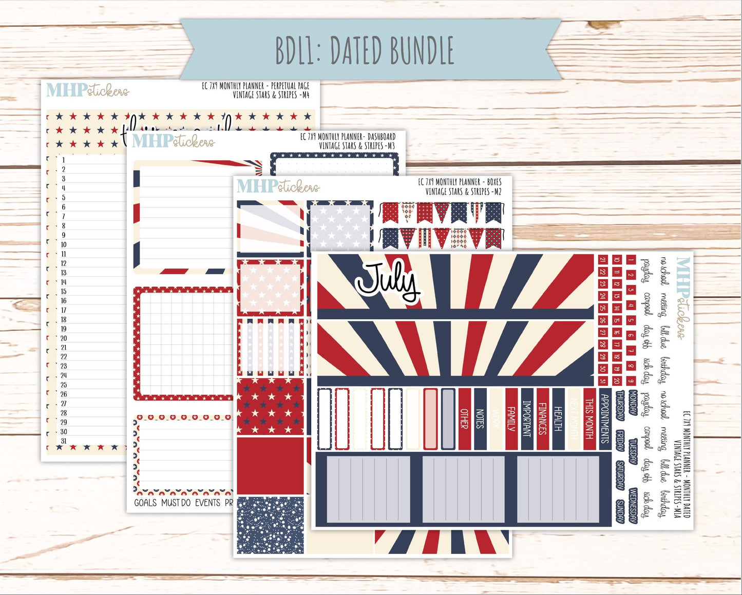 JULY Monthly Kit for 7x9 Erin Condren Planners. 2026 Collection "Vintage Stars & Stripes" || ECM