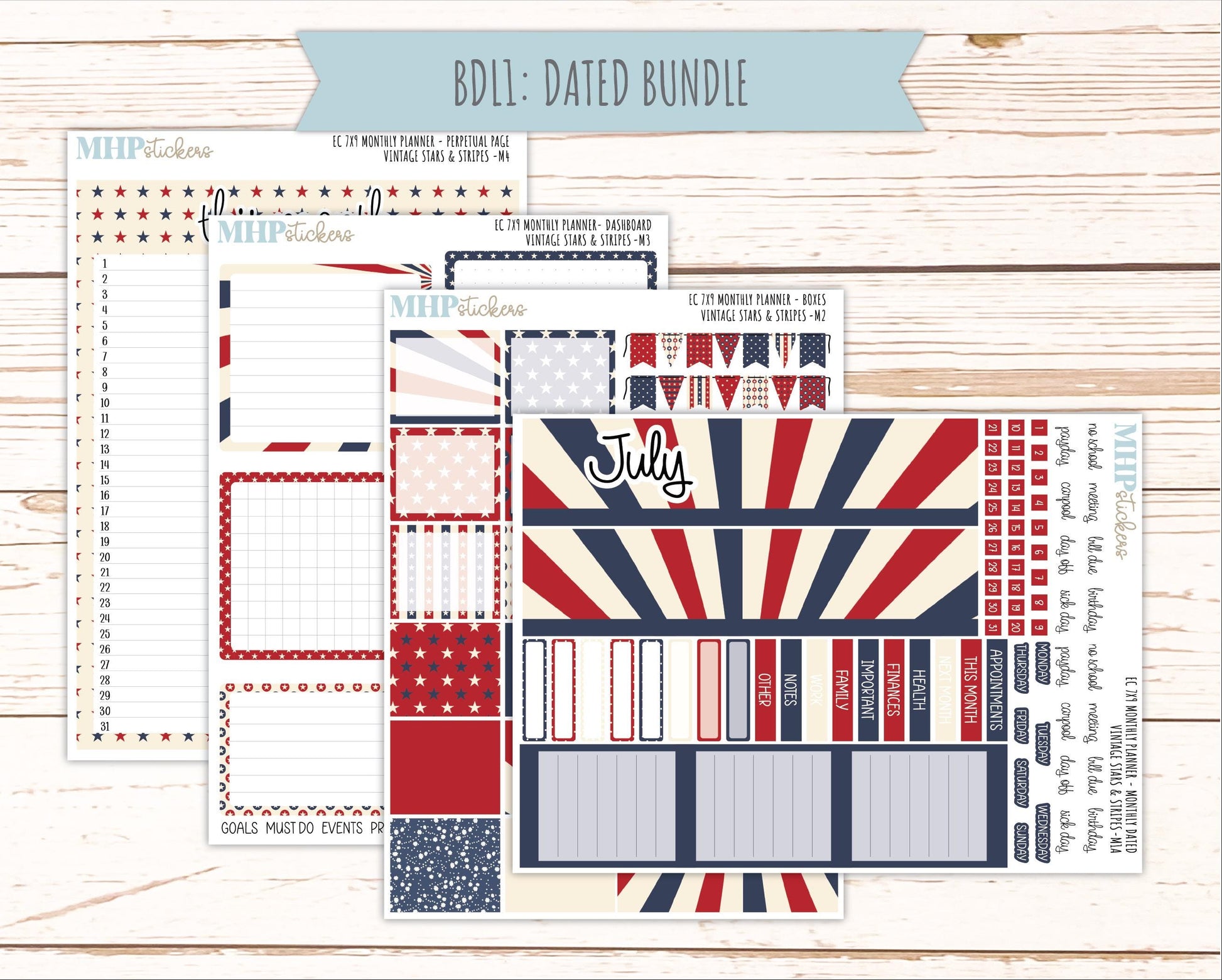 JULY Monthly Kit for 7x9 Erin Condren Planners. 2026 Collection "Vintage Stars & Stripes" || ECM