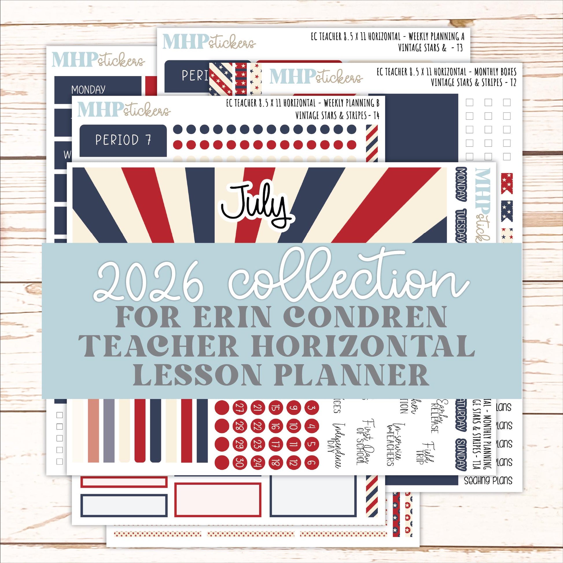 JULY Stickers for EC Teacher Lesson Planner - Horizontal Layout. 2026 Collection "Vintage Stars & Stripes" || ECTH