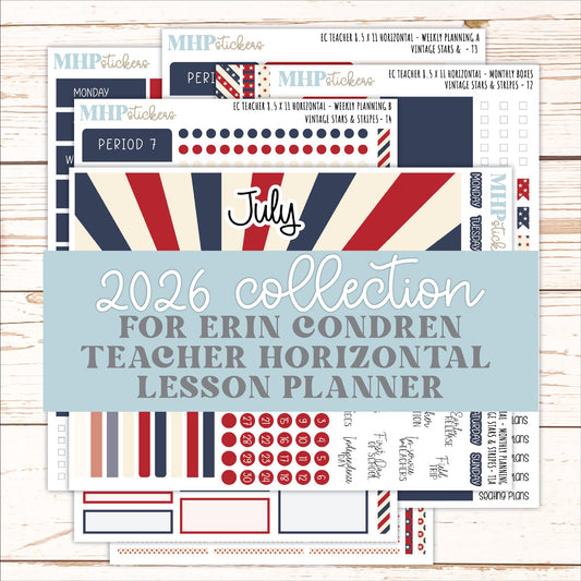 JULY Stickers for EC Teacher Lesson Planner - Horizontal Layout. 2026 Collection "Vintage Stars & Stripes" || ECTH