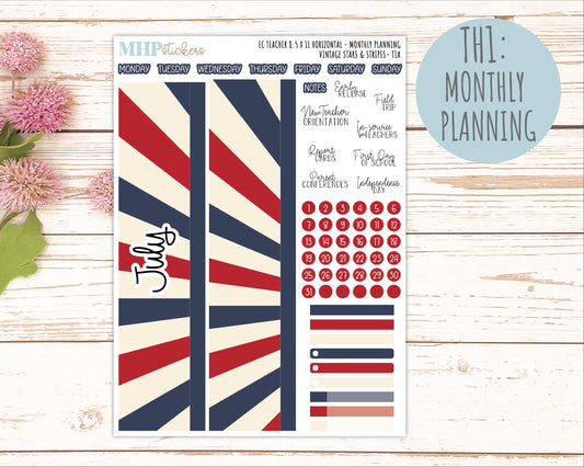 JULY Stickers for EC Teacher Lesson Planner - Horizontal Layout. 2026 Collection "Vintage Stars & Stripes" || ECTH