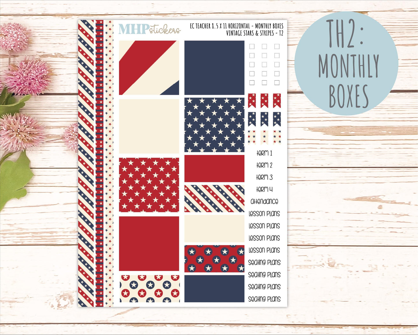 JULY Stickers for EC Teacher Lesson Planner - Horizontal Layout. 2026 Collection "Vintage Stars & Stripes" || ECTH