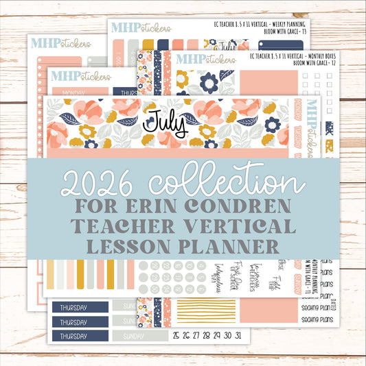JULY Stickers for EC Teacher Lesson Planner - Vertical Layout. 2026 Collection "Bloom with Grace" || ECTV