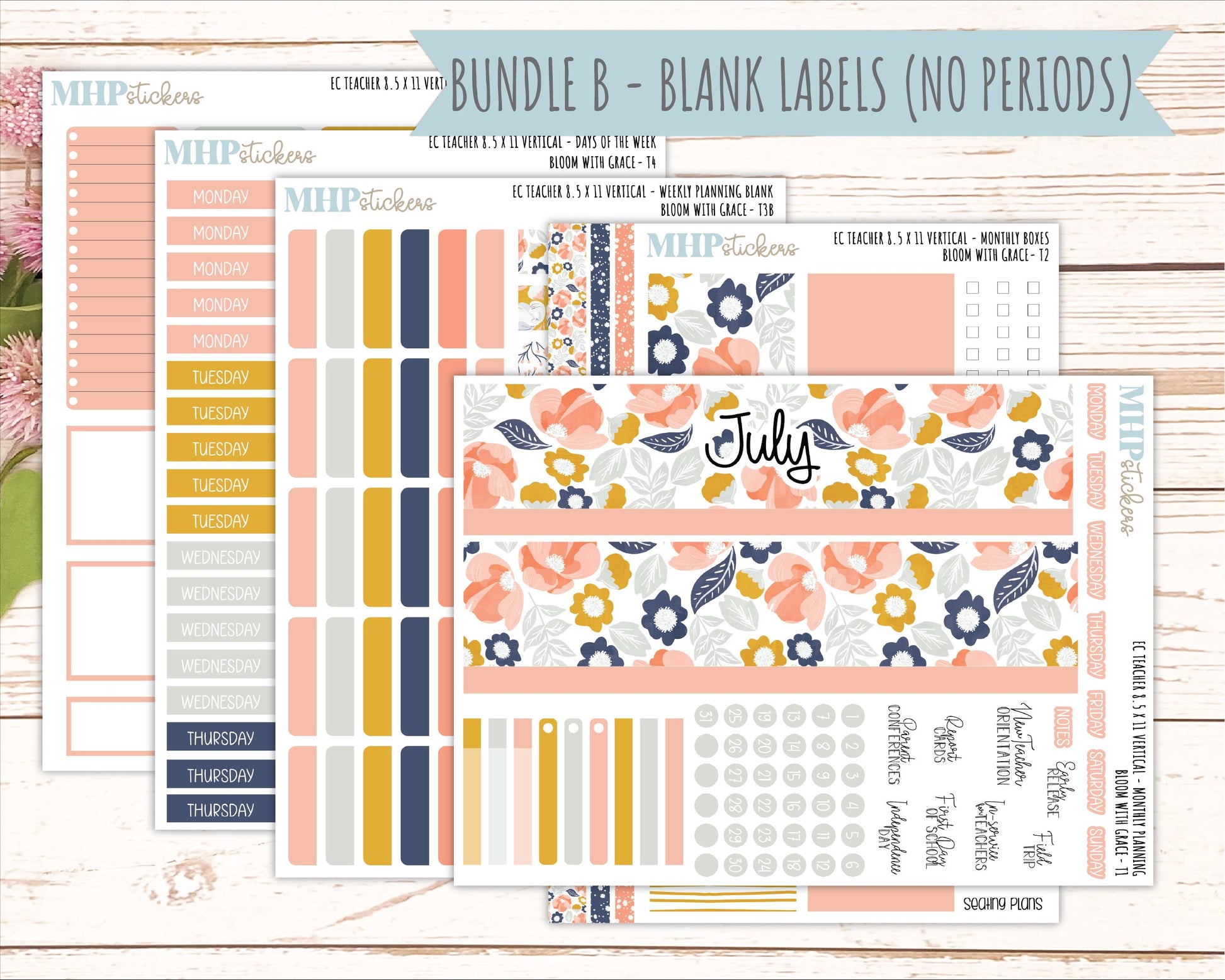 JULY Stickers for EC Teacher Lesson Planner - Vertical Layout. 2026 Collection "Bloom with Grace" || ECTV