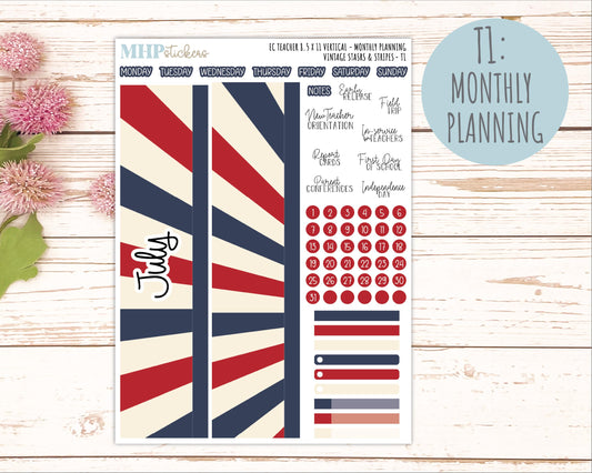 JULY Stickers for EC Teacher Lesson Planner - Vertical Layout. 2026 Collection "Vintage Stars & Stripes" || ECTV