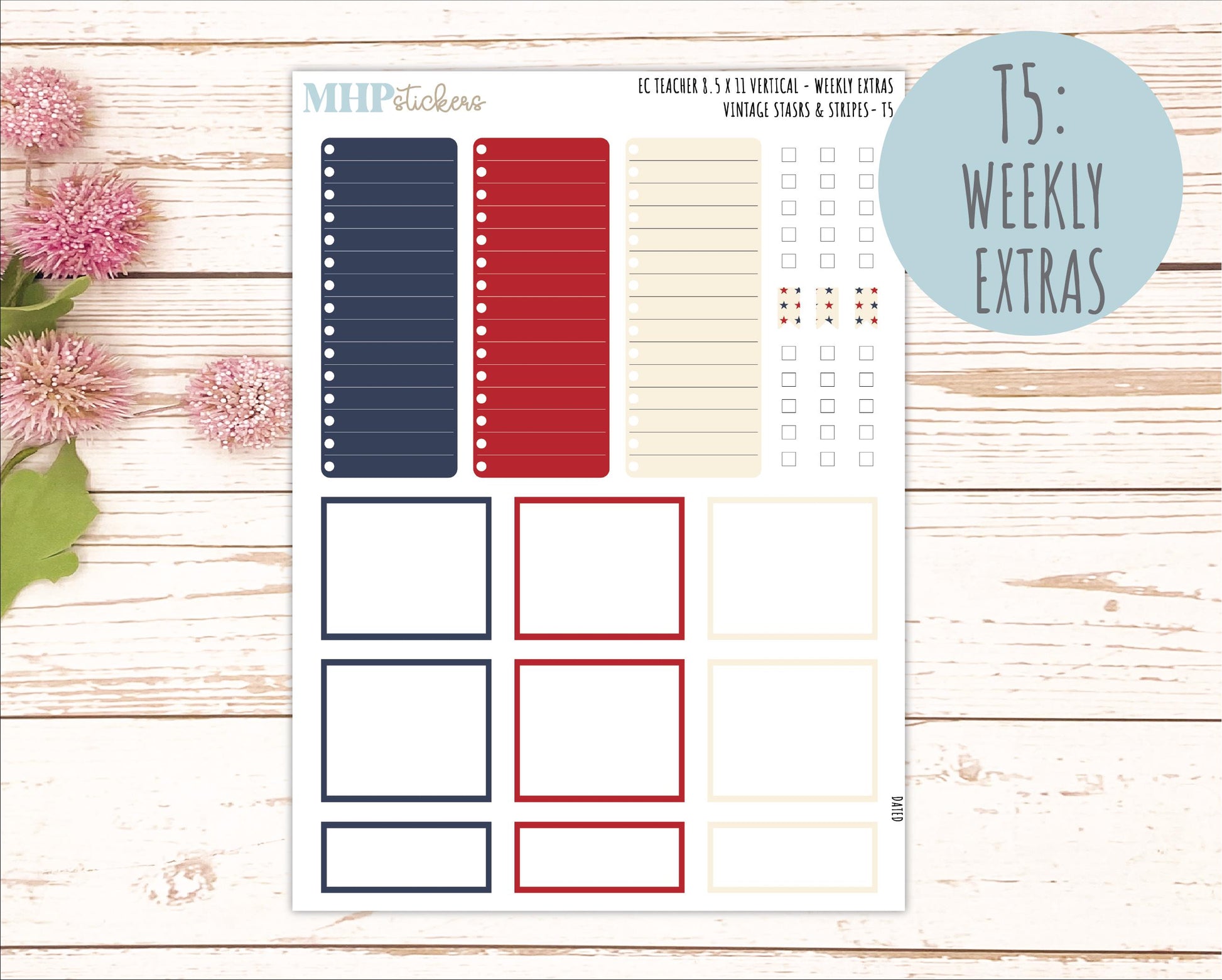 JULY Stickers for EC Teacher Lesson Planner - Vertical Layout. 2026 Collection "Vintage Stars & Stripes" || ECTV
