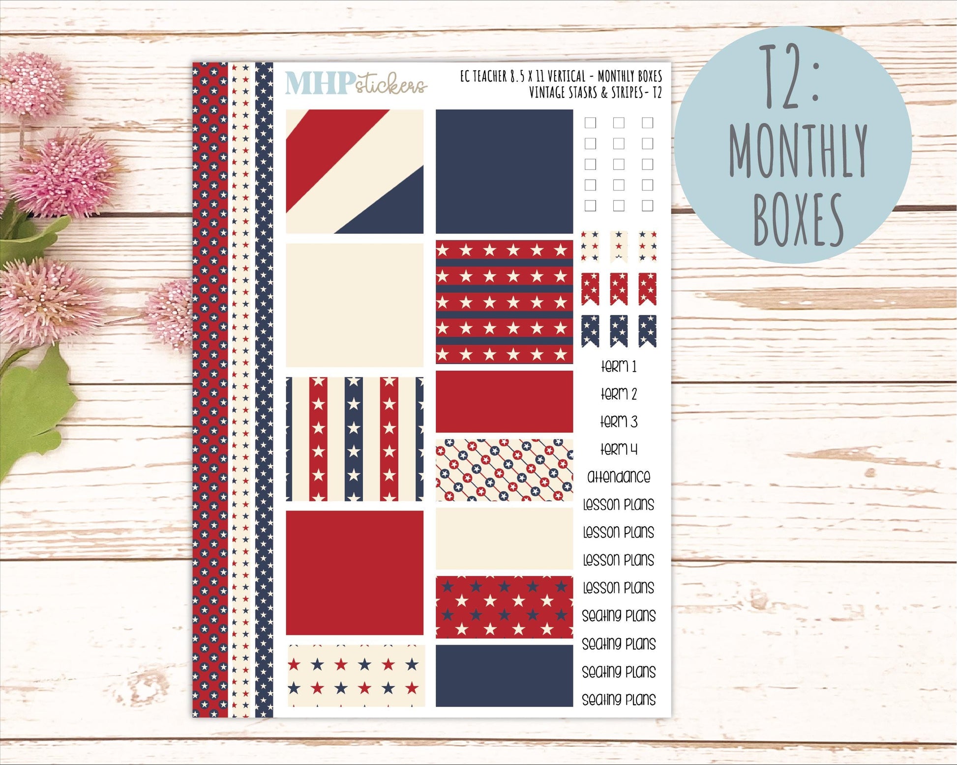 JULY Stickers for EC Teacher Lesson Planner - Vertical Layout. 2026 Collection "Vintage Stars & Stripes" || ECTV