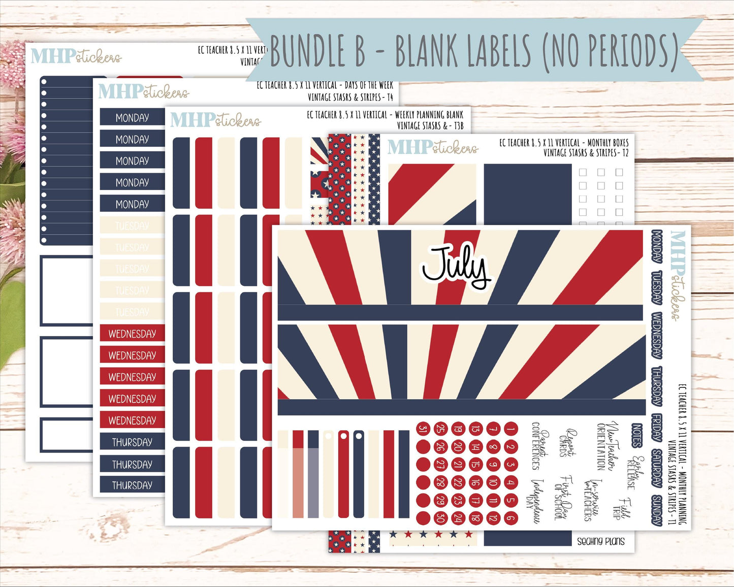 JULY Stickers for EC Teacher Lesson Planner - Vertical Layout. 2026 Collection "Vintage Stars & Stripes" || ECTV