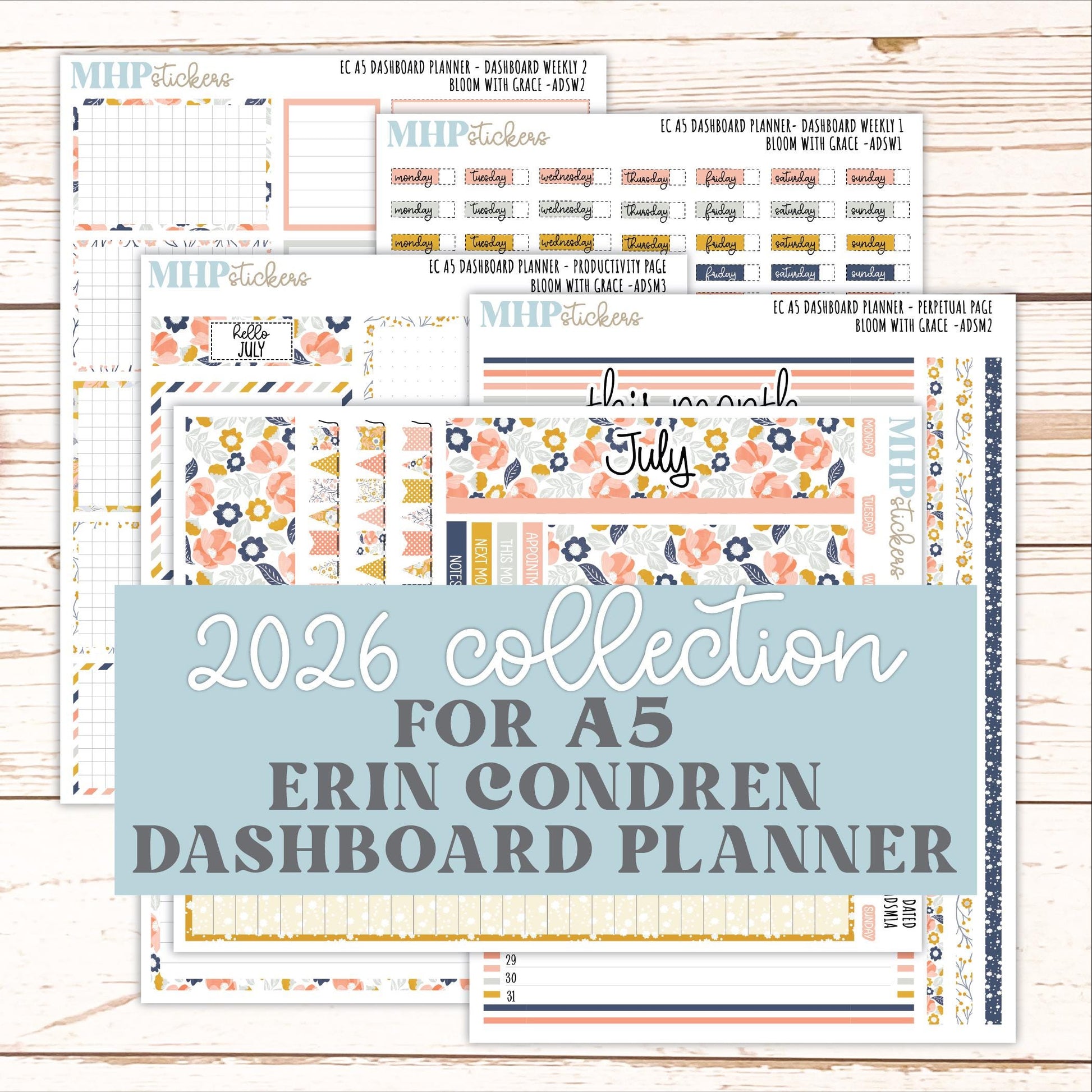 JULY Monthly Kit for A5 Erin Condren Dashboard Planners. 2026 Collection "Bloom with Grace" || ECADS