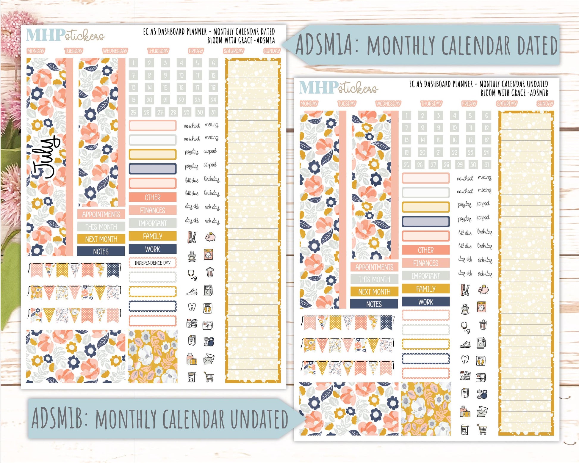 JULY Monthly Kit for A5 Erin Condren Dashboard Planners. 2026 Collection "Bloom with Grace" || ECADS