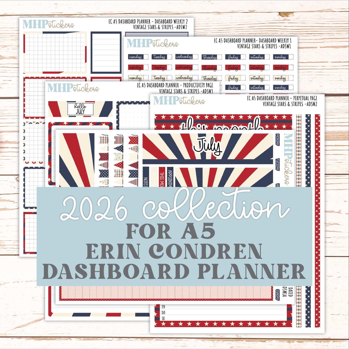 JULY Monthly Kit for A5 Erin Condren Dashboard Planners. 2026 Collection "Vintage Stars & Stripes" || ECADS