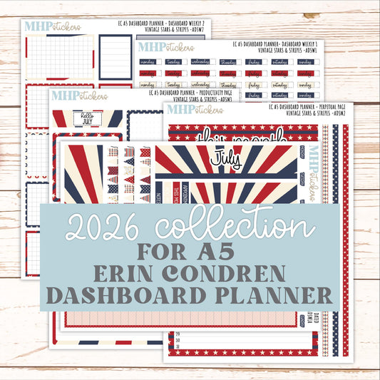 JULY Monthly Kit for A5 Erin Condren Dashboard Planners. 2026 Collection "Vintage Stars & Stripes" || ECADS